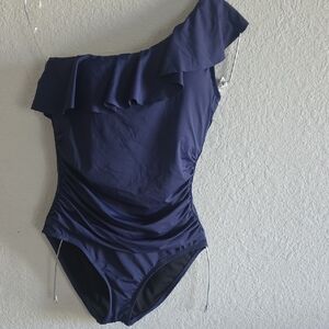 One-Shoulder Ruffle Navy Swimsuit